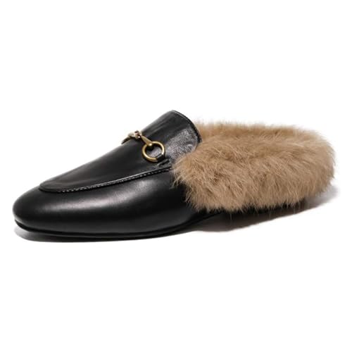 OMKMNOE Damen Flache Slingbacks, Pantoletten mit Fell Leder Slipper Clogs Damen Mules Warm Loafers Schuhe Geeignet für Herbst und Winter,Schwarz,39 von OMKMNOE