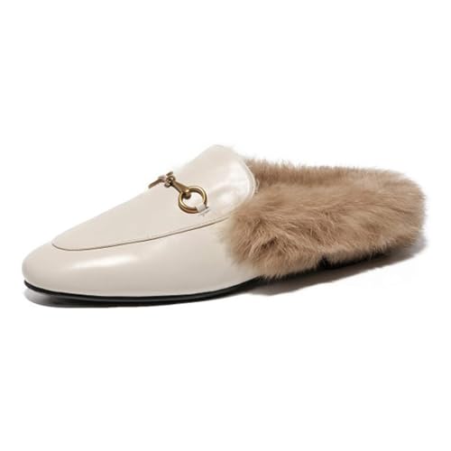 OMKMNOE Damen Flache Slingbacks, Pantoletten mit Fell Leder Slipper Clogs Damen Mules Warm Loafers Schuhe Geeignet für Herbst und Winter,Weiß,37 von OMKMNOE