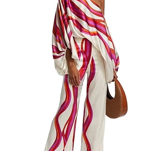 XZEIT Zweiteilige Damen-Sets, lässiger Satin-Pendelanzug, hohle schulterfreie Tops mit langen Hosen, bedruckte Outfits (Color : Sets2, Size : Small) von OMUCI