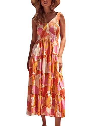 OMZIN Ärmelloses Spaghettiträger-sonnenkleid Sundress Sundress Ruffled Square Neck Smocked Tiered Sundress Orange Blume S von OMZIN