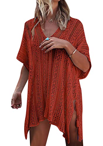 OMZIN Badeanzug Cover Ups Für Frauen Mit V Ausschnitt Aushöhlen Schwimm Coverup Gehäkeltes Sommer Strand Cover Up Kleid Rostrot von OMZIN