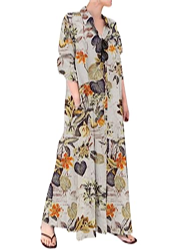 OMZIN Baumwolle Hemd Leinen Kleid Casual Lose Button down Maxi Kleider Für Frauen Mit Taschen Blütenaprikose S von OMZIN