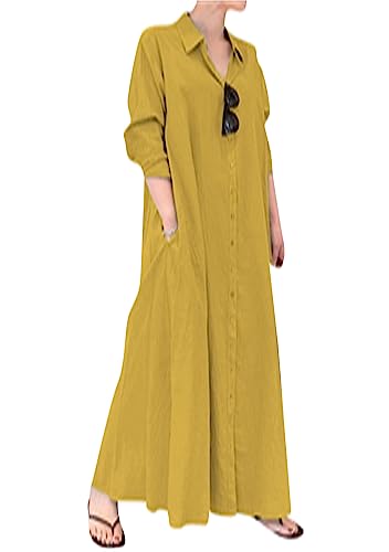 OMZIN Baumwolle Leinen Langes Kleid Frauen Langarm V-Ausschnitt Shirt Kleid Button down Kleid Mit Taschen Gelb L von OMZIN