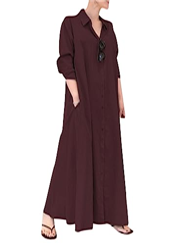 OMZIN Baumwolle Und Leinen Kleid Für Frauen Langarm Oversize Hemdkleider Einfarbige Revers Maxikleid Rotwein 3XL von OMZIN
