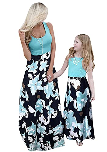 OMZIN Mutter Und Tochter Kleid ärmellos Maxi Long Dress Floral Pattern Beach Dress Splice Dress Summer Dress Green Flower 6-7 Years von OMZIN