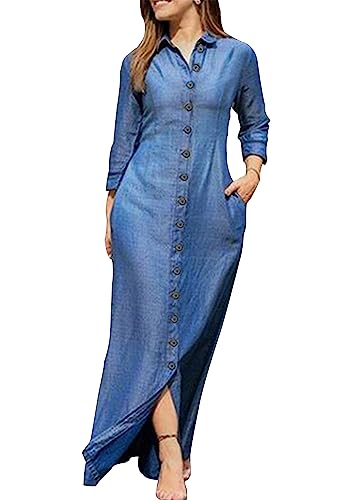 OMZIN Bedrucktes Kleid Für Damen Maxi Kleid Mit Langen Ärmeln Und Übergröße Lässiges Langes Bedrucktes Blusenkleid Denim Hellblau XL von OMZIN