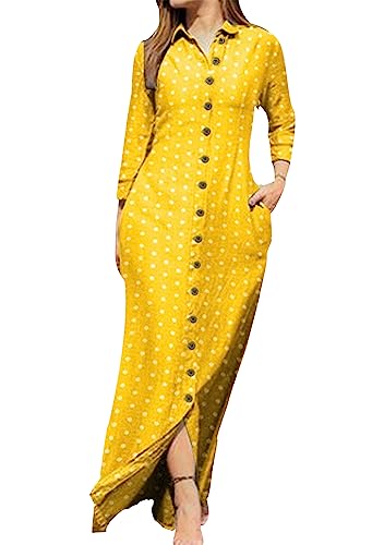 OMZIN Bedrucktes Kleid in Übergröße Für Frauen Mit Revers Langarm Maxishirts Kleid Plus Size Gingham Gelb S von OMZIN