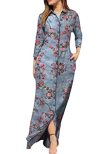 OMZIN Bedrucktes Langarm-Maxi-Shirt Kleid Für Frauen Button down Casual V Neck Printed Dress Rose Blau 2XL von OMZIN