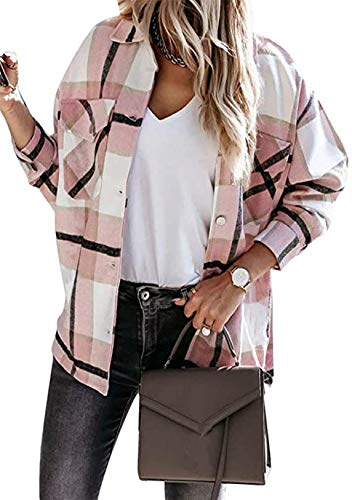 OMZIN Blusen Damen Oversized Kariert Karo Blusen Hemdjacke Holzfällerhemd Lange Ärmel mit Brusttaschen Hemdbluse Rosa L von OMZIN