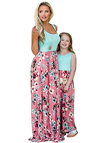 OMZIN Boho Mothers and Daughter Family Summer Dress Round Neck Sleeveless Dresses Maxi Dress A Line Beach Dress Blaue Blume 8-9 Jahre von OMZIN