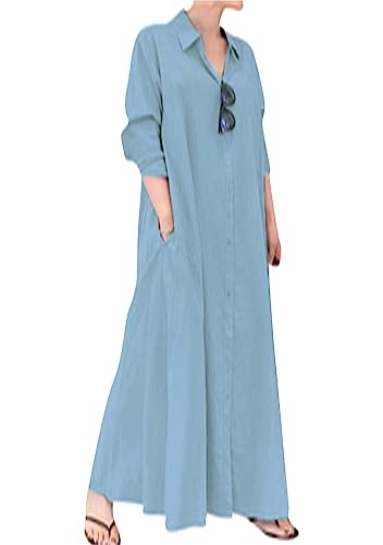 OMZIN Button down Baumwolle Leinen Shirt Kleid Für Frauen Roll up Ärmel Maxi Einfarbige Oversize Bluse Kleid Hellblau XL von OMZIN