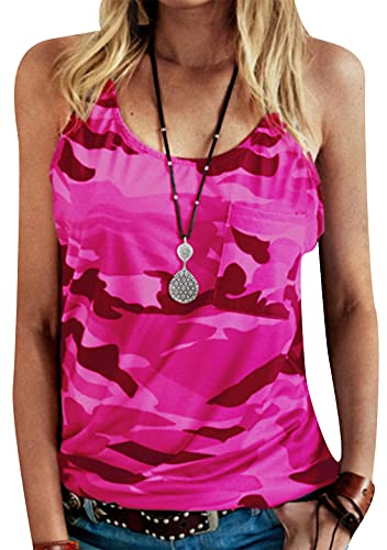 OMZIN Camouflage Oberteil Damen Hemd Kurzarm T Shirt Bluse Damen Elegant Top Camouflagemuster Tank TOS Sommer Rosen Rot 4XL von OMZIN