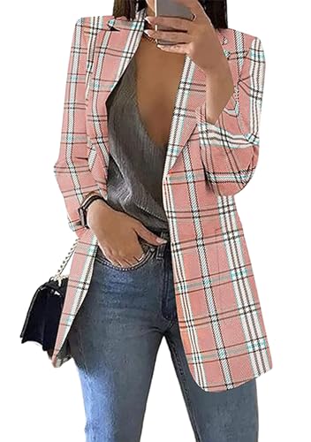 OMZIN Casual Blazer Für Frauen Offene Front Plaid Blazer Slim Fit Notched Lapel Arbeit Büro Lange Blazer Einfarbig Rosa S von OMZIN