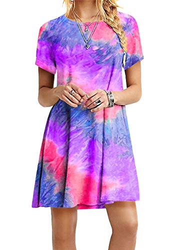 OMZIN Casual Kleid Damen Kurzarm für Sommer Lose Fit Rundhals Minikleid Swingkleid Shirtkleid Tunika Shirtkleid mit Ärmeln Violett L von OMZIN