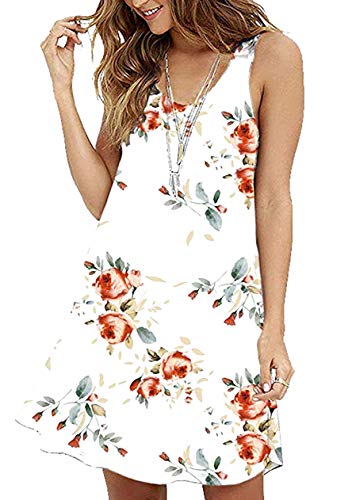 OMZIN Casual Kleid Tunika Swingkleid A-Linie Elegant Vestkleid Minikleid Ärmellos Gedrucktes Kleid T-Shirtkleid Minikleid Swingkleid Rundhals Tanktops Weiße Rose L von OMZIN