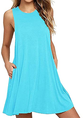 OMZIN Sommerkleid Ärmellos mit Tasche Lose Passform Flare Swing Strand Shirt Kleid Basic Übergröße Wasser Blau S von OMZIN