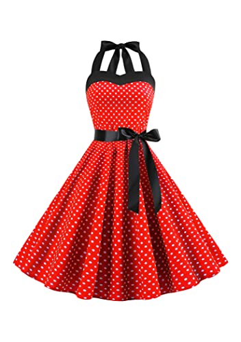 OMZIN Cocktailkleid Für Frauen Halter Neck Audrey Hepburn Ärmellos Polka Dots Hoch Tailliertes Kleid Rot M von OMZIN