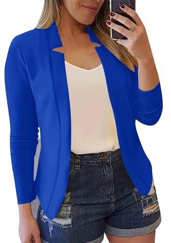 OMZIN Damen 3/4 Ärmel Blazer Open Front Kurz Einfarbig Cardigan Anzug Jacke Arbeit Büro Mantel Königsblau L von OMZIN