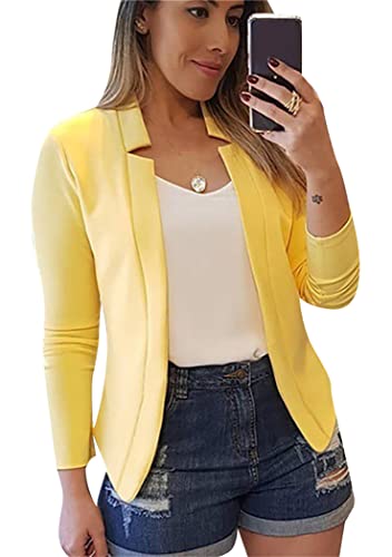 OMZIN Damen Casual Langarm Revers Knopf Schlank Arbeit Büro Blazer Leichtgewicht Offene Front Jacke Gelb L von OMZIN