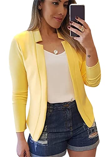 OMZIN Damen 3/4 Stretchy Langarm Open Front Leichte Arbeit Büro Abgeschnitten Blazer Jacke Gelb L von OMZIN