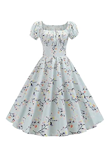 OMZIN Damen 50er 60er Vintage Rockabilly Kleid Cocktail Swing Kleid Polka Dot 1950er Retro Kleid Hellblau XL von OMZIN
