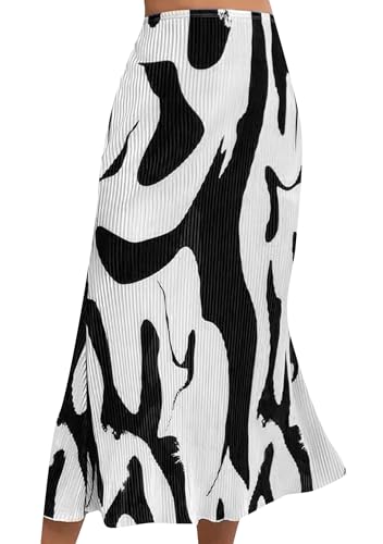 OMZIN Damen A Line Druck Stretchy Rock Lang Hohe Taille Party Elegant Plisse Flared Rock Weiß S von OMZIN