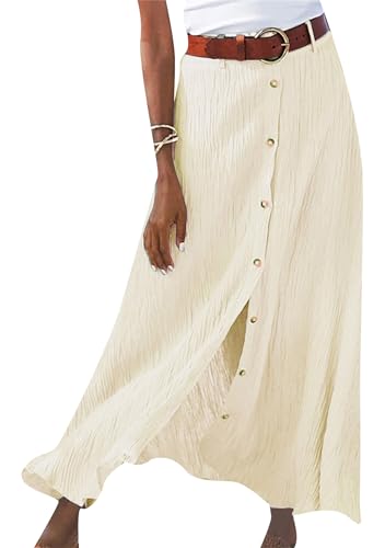 OMZIN Damen A-Linie Bohème Röcke Knopf Unten Hohe Taille Röcke Maxi Baumwolle Leinen Flowy Röcke Beige XL von OMZIN