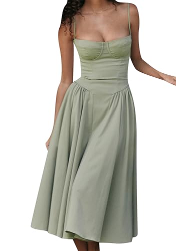 OMZIN Damen A-Linie Korsett Kleid Floral Viereckiger Ausschnitt Spaghettiträger Kleider Hohe Taille Rückenfrei Kleid Hellgrün L von OMZIN