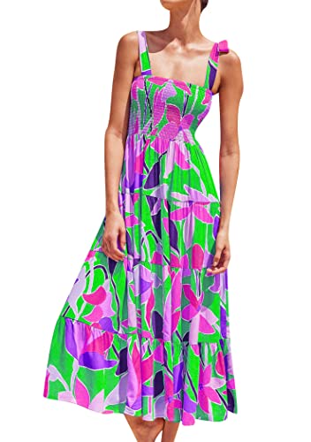 OMZIN Damen Ärmellose Kleider Quadratischer Ausschnitt Gesmokt Gerafftes Krawattenband Spaghetti-träger-Kleid Grüne Rose S von OMZIN