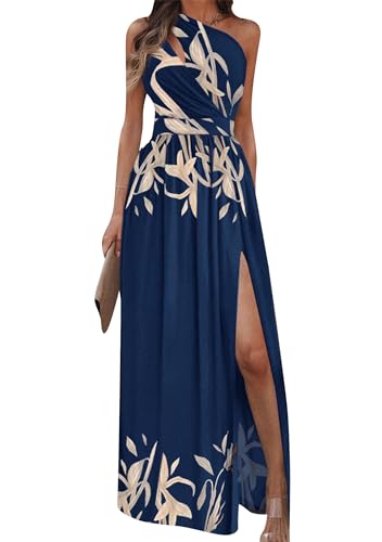 OMZIN Damen Ärmelloses Kleid A-Linie Brautjungfer Kleid Mit Seitenschlitz Cocktail EIN-Schulter-Kleid Mit Empire-Taille Blaue Blume M von OMZIN
