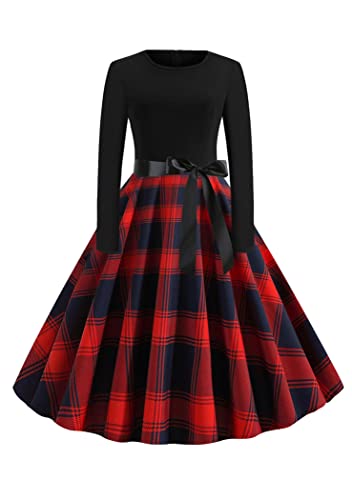 OMZIN Damen Abendkleid 50er Jahre Kleid Basic Cocktailkleid Übergröße Hepburn Casual Plissee Midikleid Rot Blau M von OMZIN