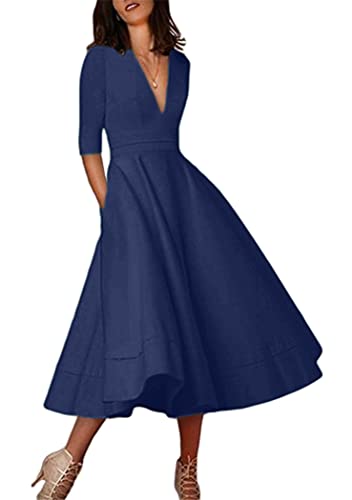 OMZIN Damen Abendkleid Wadenlanges Sommerkleid Ausschnitt Cocktailkleid Übergröße Navy Blau XXL von OMZIN