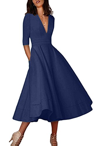 OMZIN Frauen Deep V Neck Kleider Basic Sexy Hochzeitskleid mit Ärmeln Swing Kleid Navy Blau 2XL von OMZIN