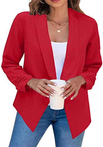 OMZIN Damen Lässig Arbeit Büro Offene Vorderseite Blazer Elegant Arbeit Blazer Schlank Büro Jacke Reines Rot L von OMZIN