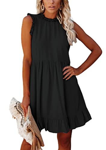 OMZIN Damen Babydoll Sommerkleid Lässig Lockeres Minikleid Süßes Fließendes Swing Faltenkleid Sommerkleid Schwarz S von OMZIN