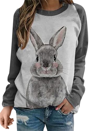 OMZIN Damen Baggy Classic Bunny Print Oberteil Raglanärmel Ostern Frühling Rundhalsausschnitt Sweatshirt Grau Hase 3XL von OMZIN