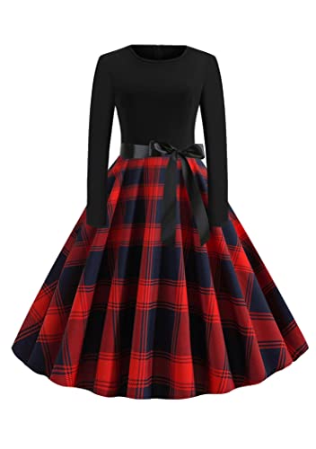 OMZIN Damen Basic Cocktailkleid Abend Basic Knielanges Kleid Retro Casual Hepburn Overknee Kleid Rot Blau XL von OMZIN