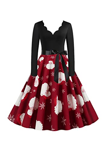 OMZIN Damen Basic Cocktailkleid Abend Prom 50er Jahre Kleid Übergröße Hepburn Casual Plissee Midikleid Weihnachtsmann XXL von OMZIN