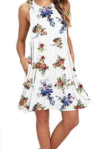 OMZIN Damen Sommer Swing Ärmelloses Tunika Tank Kleid Mit Tasche Sommerkleid Weiße Blume XXL von OMZIN