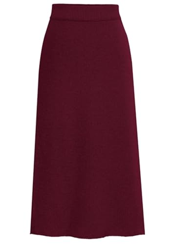 OMZIN Damen Basic Elastischer Rippenstrickrock Einfarbig Bodycon Langer Hochtaillierter Rock Weinrot XXL von OMZIN