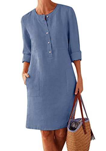 OMZIN Damen Baumwoll-Leinen Kleid Baggy Loose Sommer Casual Knielang Taschen Kleid mit Tasche Blau L von OMZIN