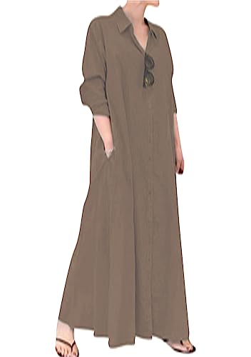 OMZIN Damen Baumwoll- Und Leinen Hemdkleid Oversized Langes Button down Reverskleid Mit Tasche Kaffee XXL von OMZIN