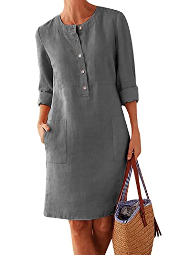 OMZIN Damen Baumwolle Leinen Minikleid Kurzarm Einfarbig Kleid Freizeitkleid Dunkelgrau XL von OMZIN