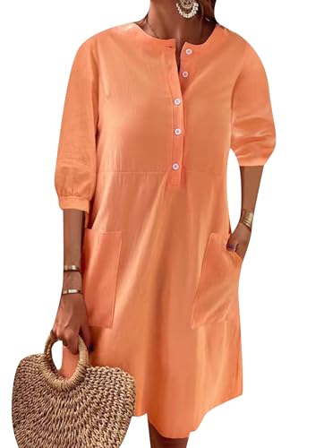 OMZIN Damen Baumwolle Leinen Rundhalsausschnitt 3/4 Ärmel Kleider Locker Lässig Halb Knopf Plus Größe Kleid Mit Taschen Hell Orange L von OMZIN