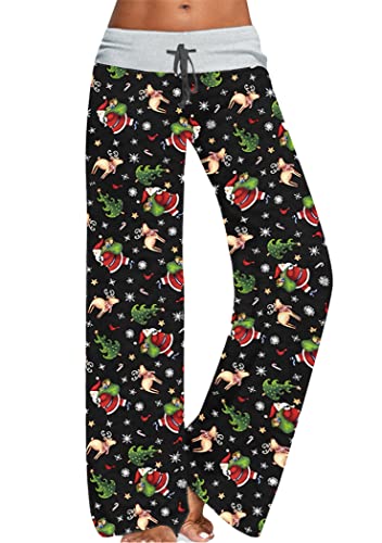 OMZIN Damen Baumwolle Schlafanzughose Weite Bein Lange Hose Pyjamahose Nachtwäsche Hose Lang Sleep Hose Pants Blumenmuster Schwarz M von OMZIN