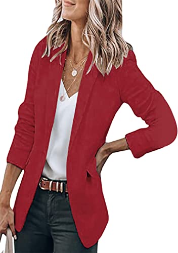 OMZIN Damen Blazer Anzug Open Front Strickjacke Langarm Jacke Casual Office Relax Blazer Weinrot L von OMZIN