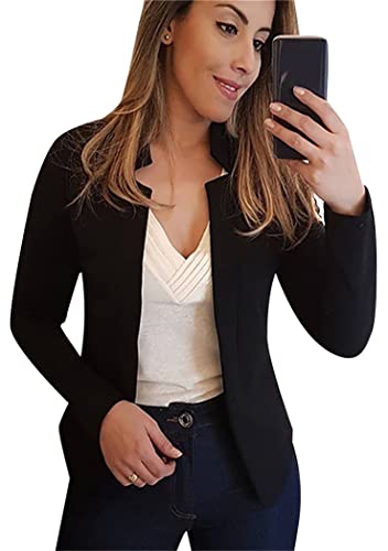 OMZIN Damen Blazer Cropped Open Front Jacke O Neck Casual Büro Anzug Arbeitsjacke Schwarz S von OMZIN