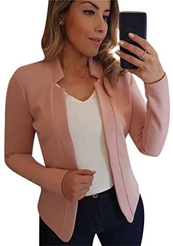 OMZIN Damen Blazer Offene Vorderseite Langarm Jacke Volltonfarbe Arbeit Büro Leichter Blazer Rosa L von OMZIN