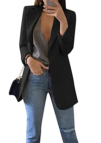 OMZIN Damen Blazer Open Front 3/4 Ärmel Blazer Ruched Cardigan Arbeit Büro Anzug Jacke Solid Langarm Herbst Blazer Anzug Jacke Schwarz M von OMZIN