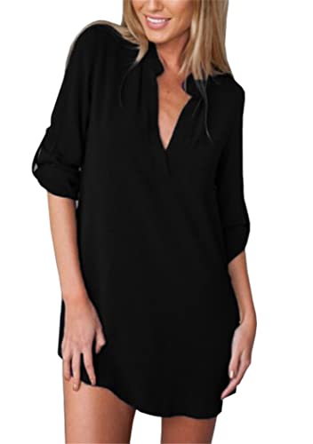 OMZIN Damen Blusen Langarm Chiffon Tops Loose Oberteile Knöpfen mit Knopf Shirt Schwarz XXL von OMZIN